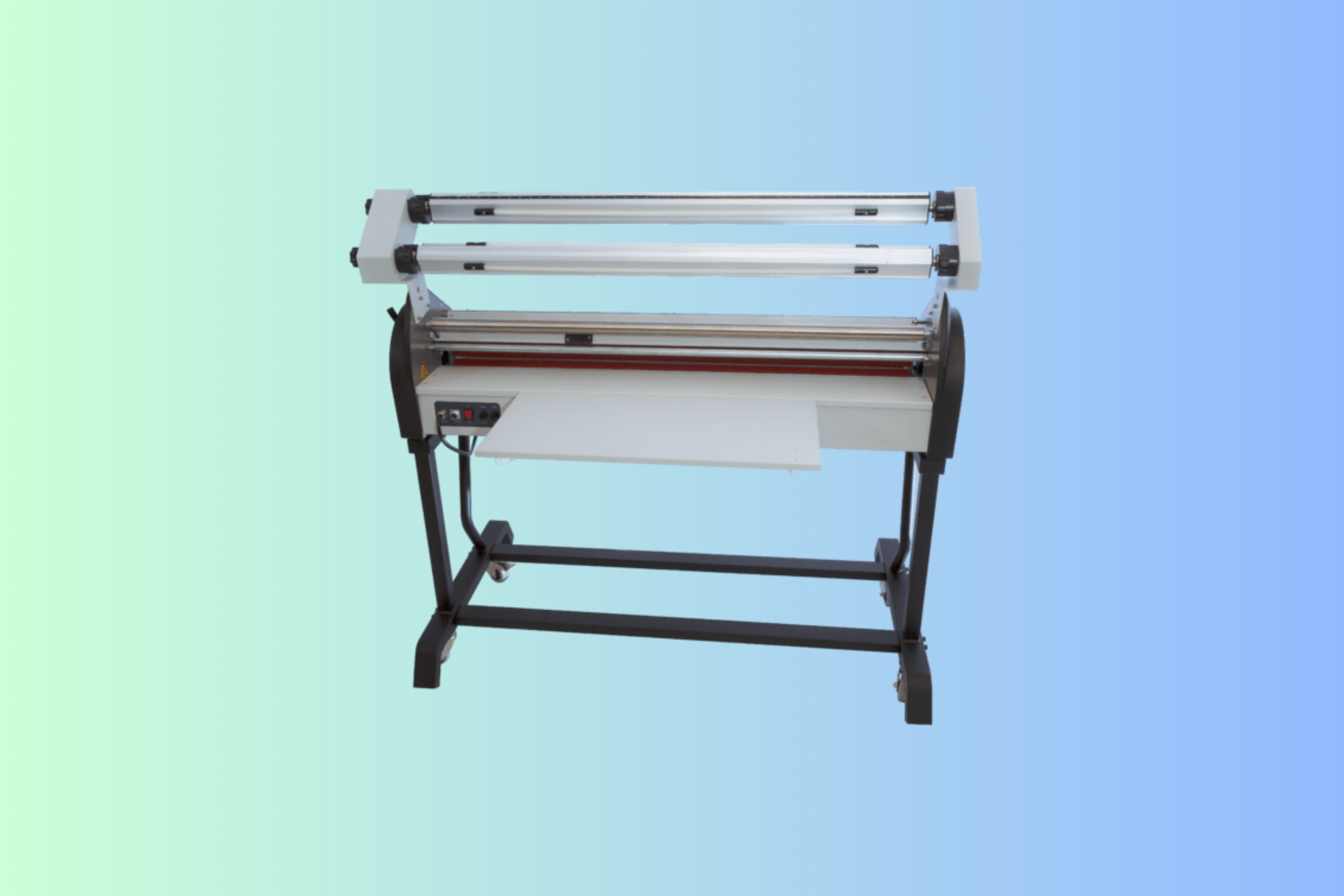A large industrial laminating machine with a wide roller setup, standing on a sturdy black frame. The machine is positioned against a gradient background transitioning from light green on the left to light blue on the right. Image 2: A collection of white laminating film rolls, neatly stacked and arranged in various sizes. The rolls are displayed on a white background, showcasing their cylindrical shape and smooth surfaces.