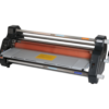 A laminating machine with rollers and a manual handle, used for applying protective film to documents or materials.